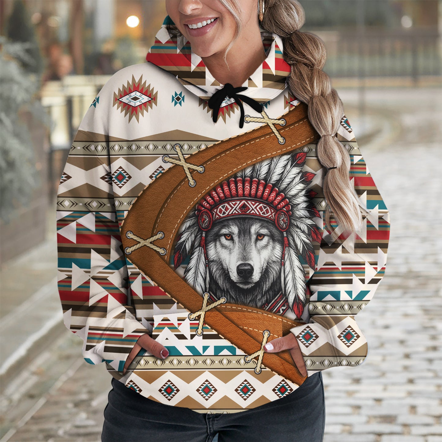 Aztec Tribal Hoodie – Geometric Print in Beige & Teal