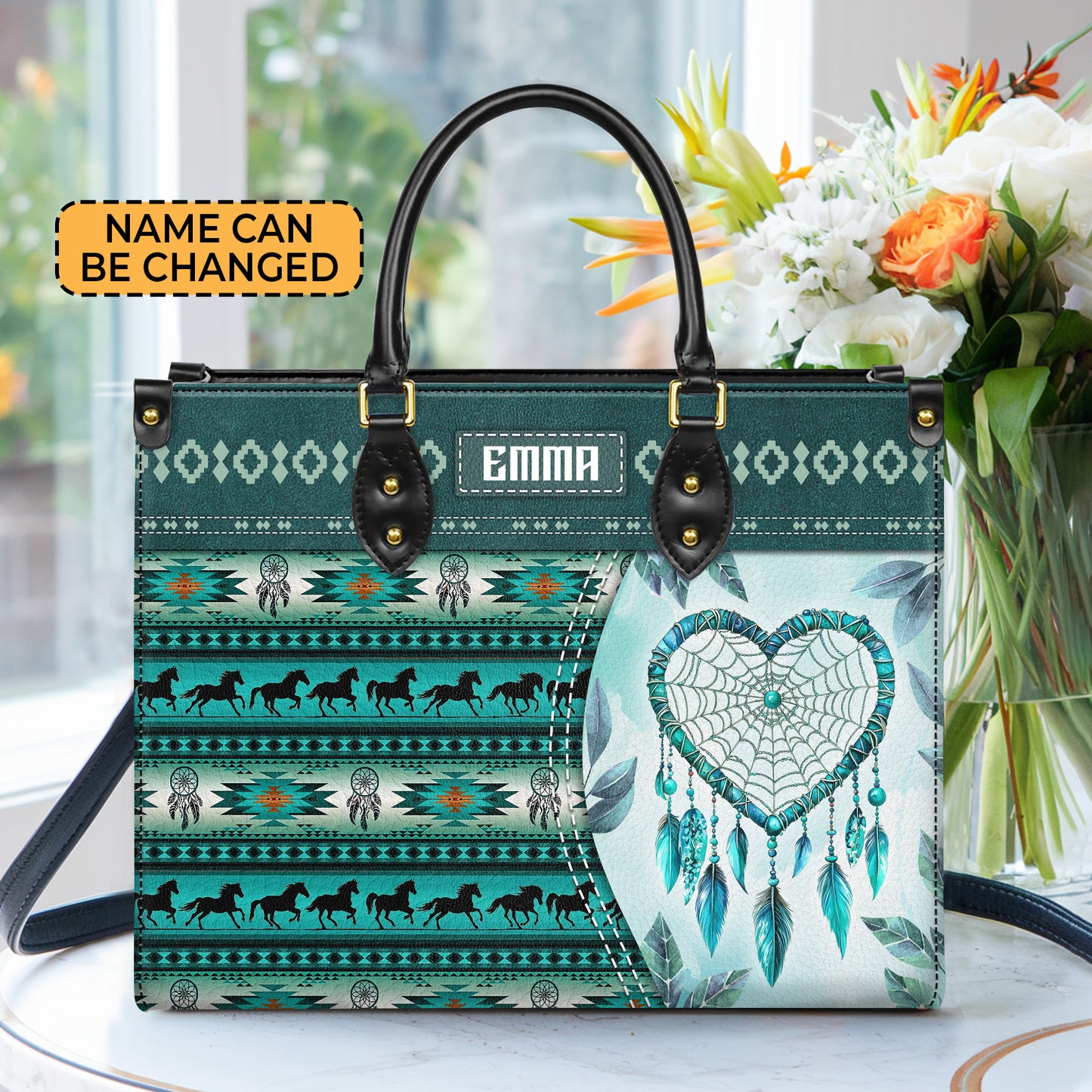 Personalized Leather Handbag for Women - Design Patterns Boho Dreamcatcher Spirit - Teal