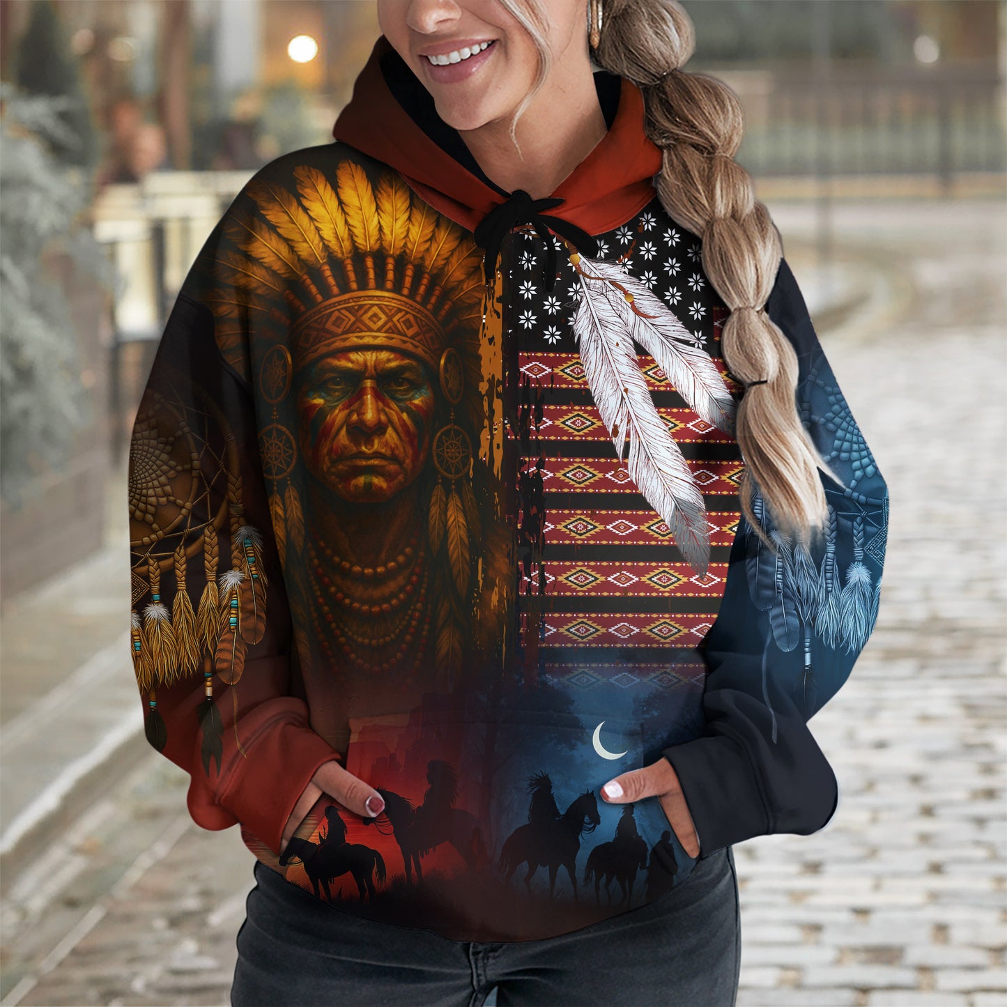 Native 3D Hoodie – Tribal Pattern & Chief Headdress Design