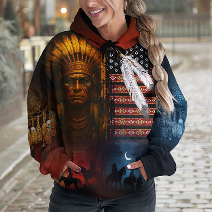 Native 3D Hoodie – Tribal Pattern & Chief Headdress Design
