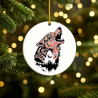 Native Wolf Ceramic Ornament - Indigenous Tribal Art for Holiday Decor