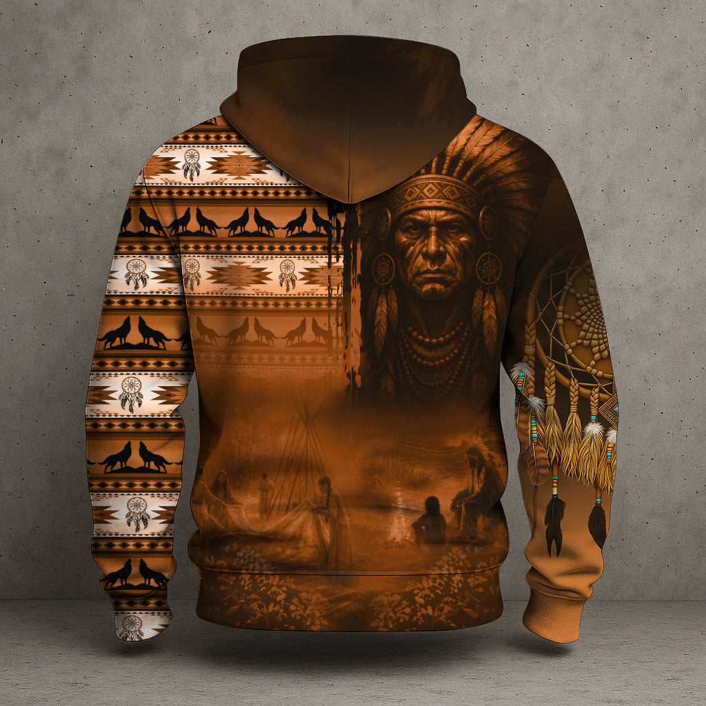 Native Pattern Hoodie – Chief Warrior Graphic – Unisex Casual Hoodie with Tribal Elements