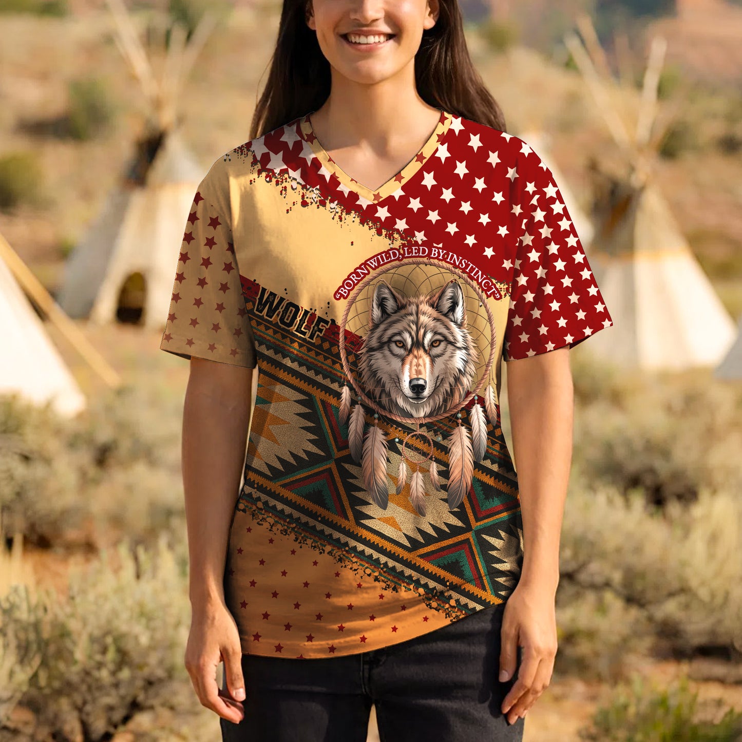 3D T-Shirt " Wild Spirit – Wolf and Dreamcatcher Design in Beige and Deep Red Tribal Pattern"