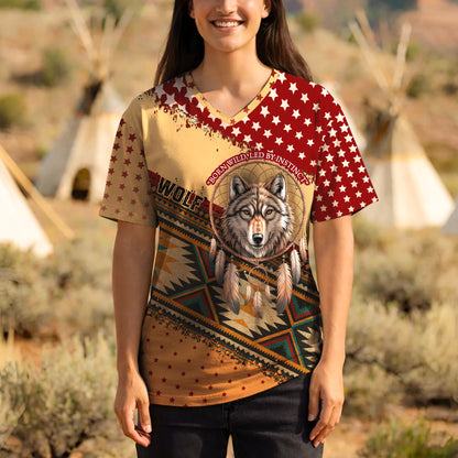 3D T-Shirt " Wild Spirit – Wolf and Dreamcatcher Design in Beige and Deep Red Tribal Pattern"