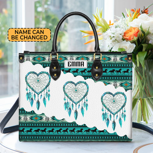 Personalized Leather Handbag for Women - Design Patterns Boho Teal & White Dreamcatcher