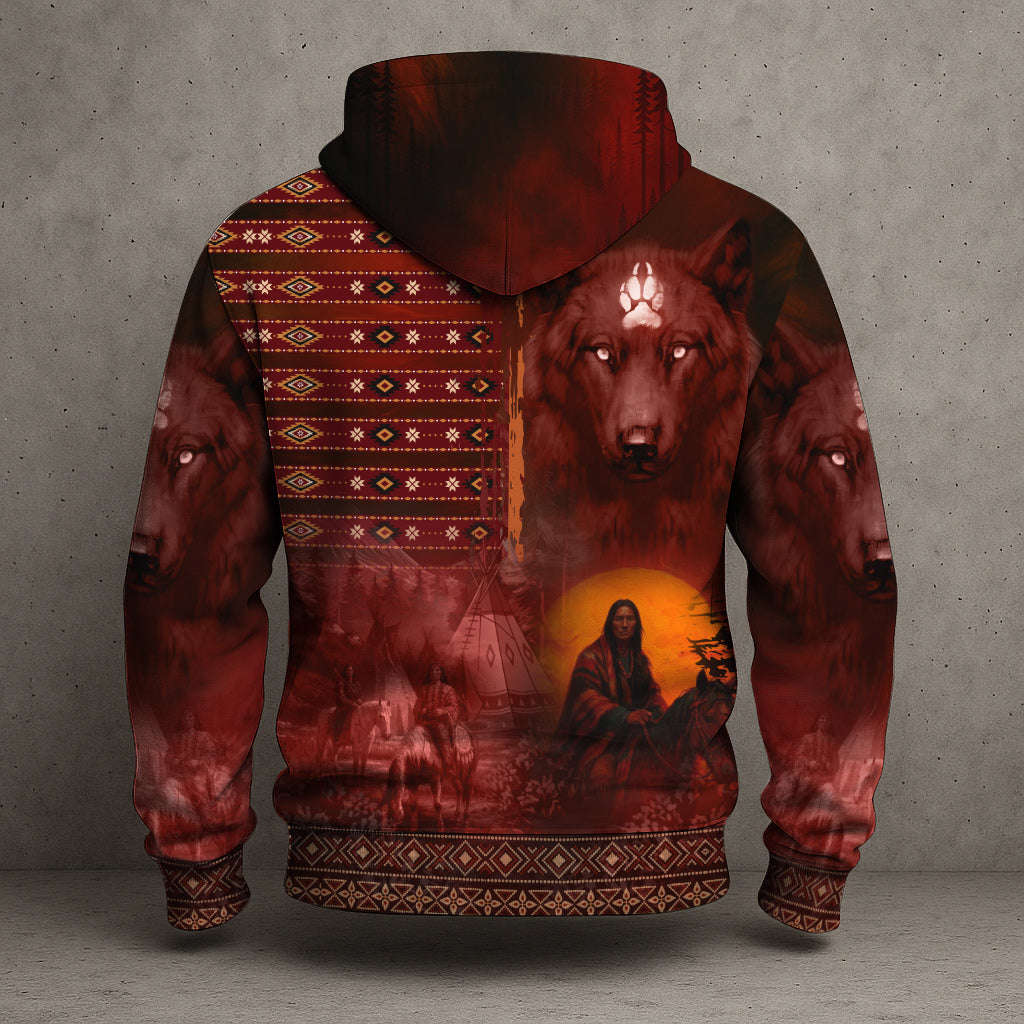 Red Wolf Protector Hoodie – Indigenous Pattern & Sacred Feathers