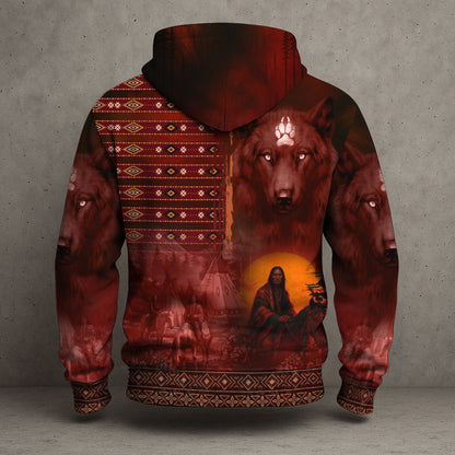 Red Wolf Protector Hoodie – Indigenous Pattern & Sacred Feathers