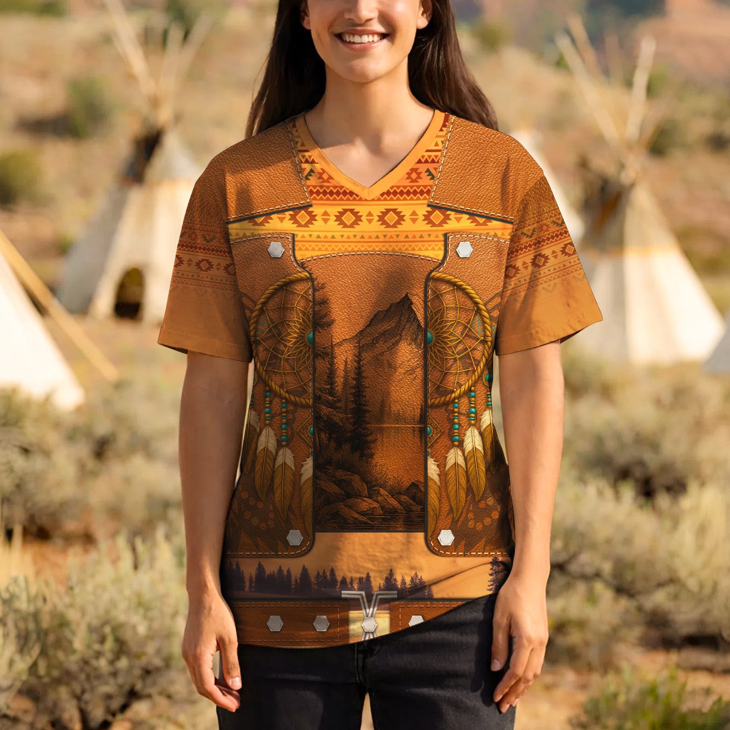 3D T-Shirt " Tribal Dreamcatcher – Golden Horizon with Sacred Mountain Motif"