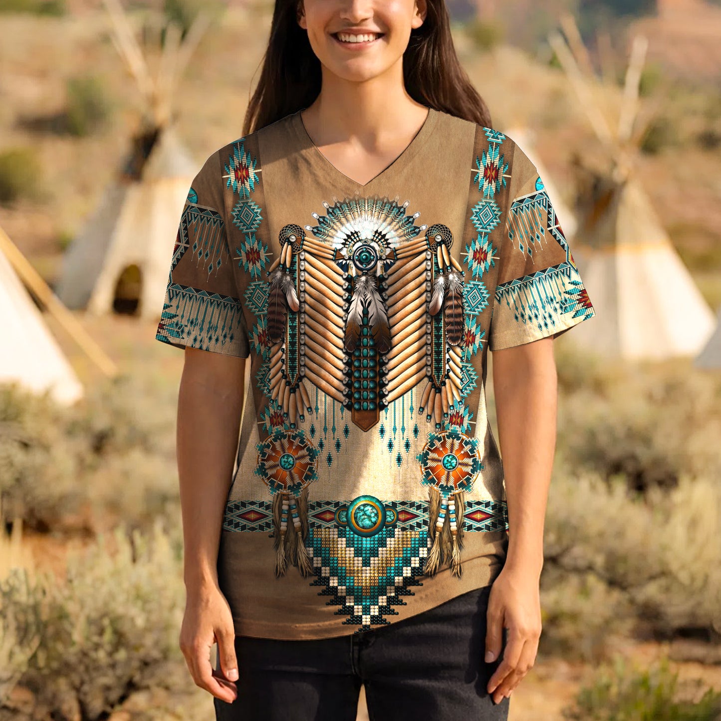 3D T-Shirt " Tribal Beaded Headdress – Turquoise & Feather Pattern"