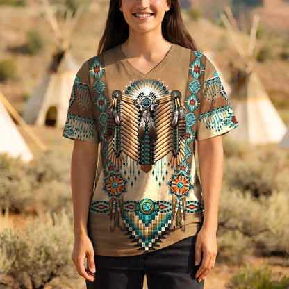 3D T-Shirt " Tribal Beaded Headdress – Turquoise & Feather Pattern"