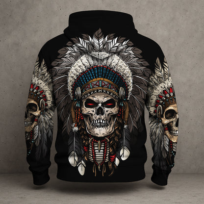 Warrior Skull Hoodie – Tribal Chief Headdress Edition