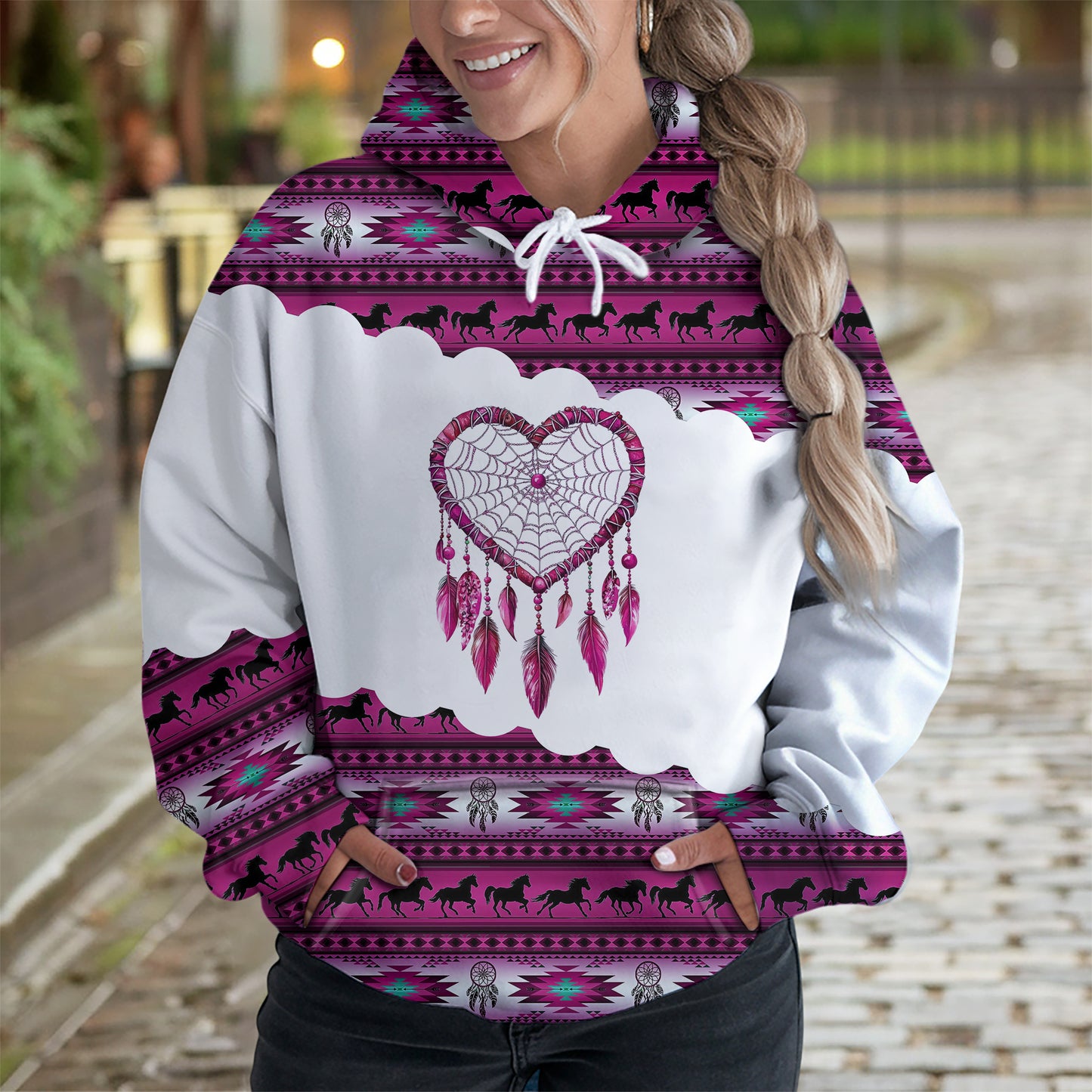 Dreamcatcher Hoodie – Tribal Horse, Feather & Boho Pattern
