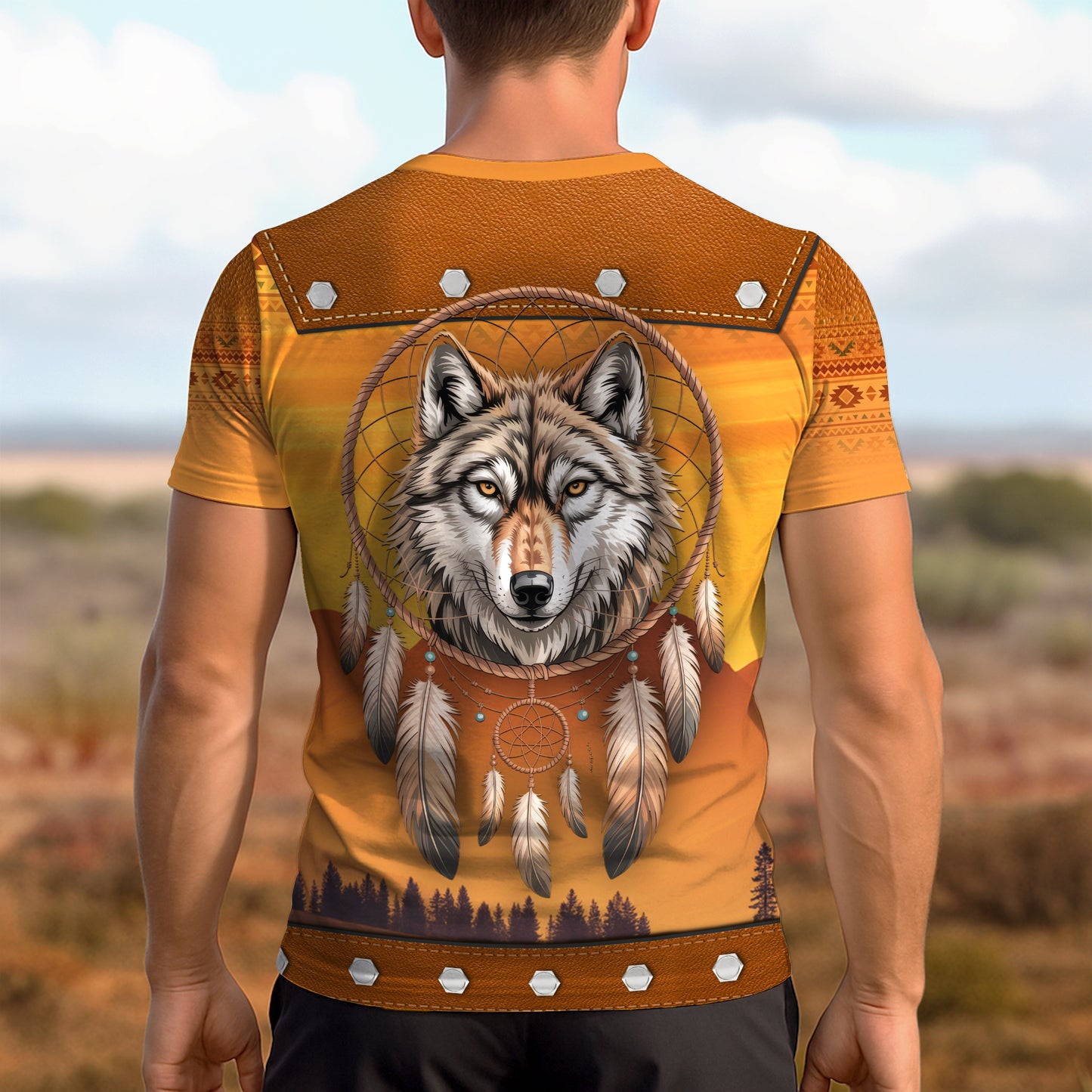 3D T-Shirt " Tribal Dreamcatcher – Golden Horizon with Sacred Mountain Motif"