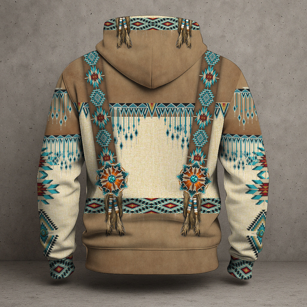 Tribal Beaded Headdress Hoodie – Turquoise & Feather Pattern