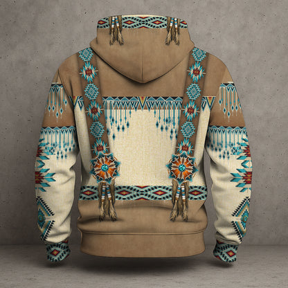 Tribal Beaded Headdress Hoodie – Turquoise & Feather Pattern