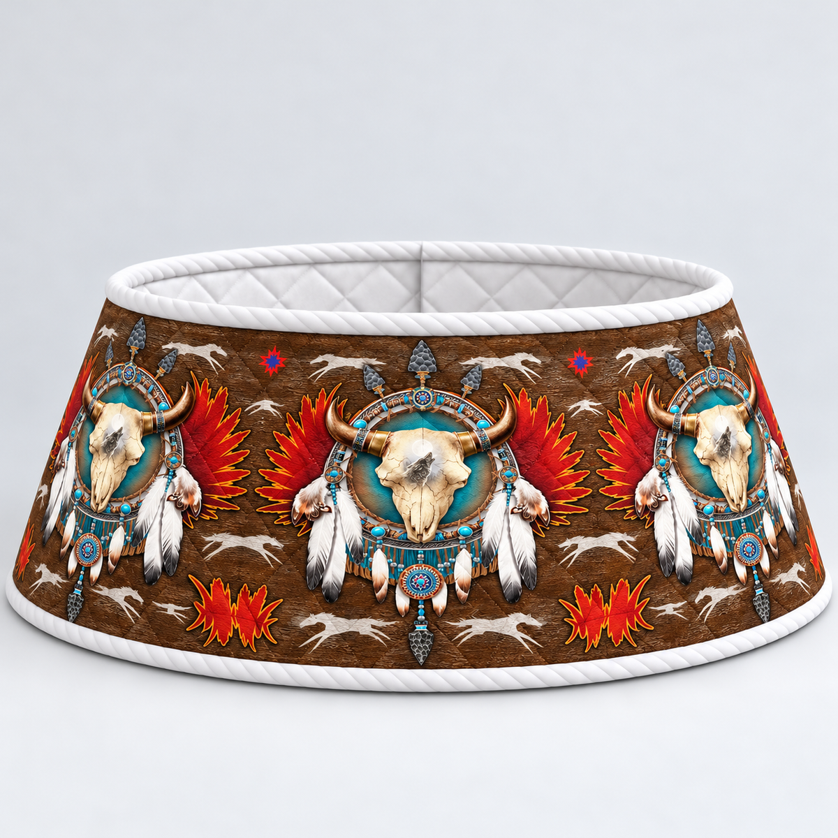 Quilted Christmas Tree Collar - Native American Buffalo Skull Dreamcatcher Turquoise Feather & Tribal Spirit Christmas Tree Skirt