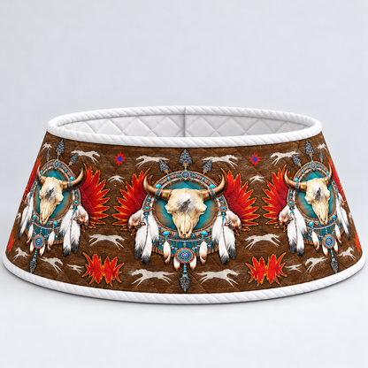 Quilted Christmas Tree Collar - Native American Buffalo Skull Dreamcatcher Turquoise Feather & Tribal Spirit Christmas Tree Skirt