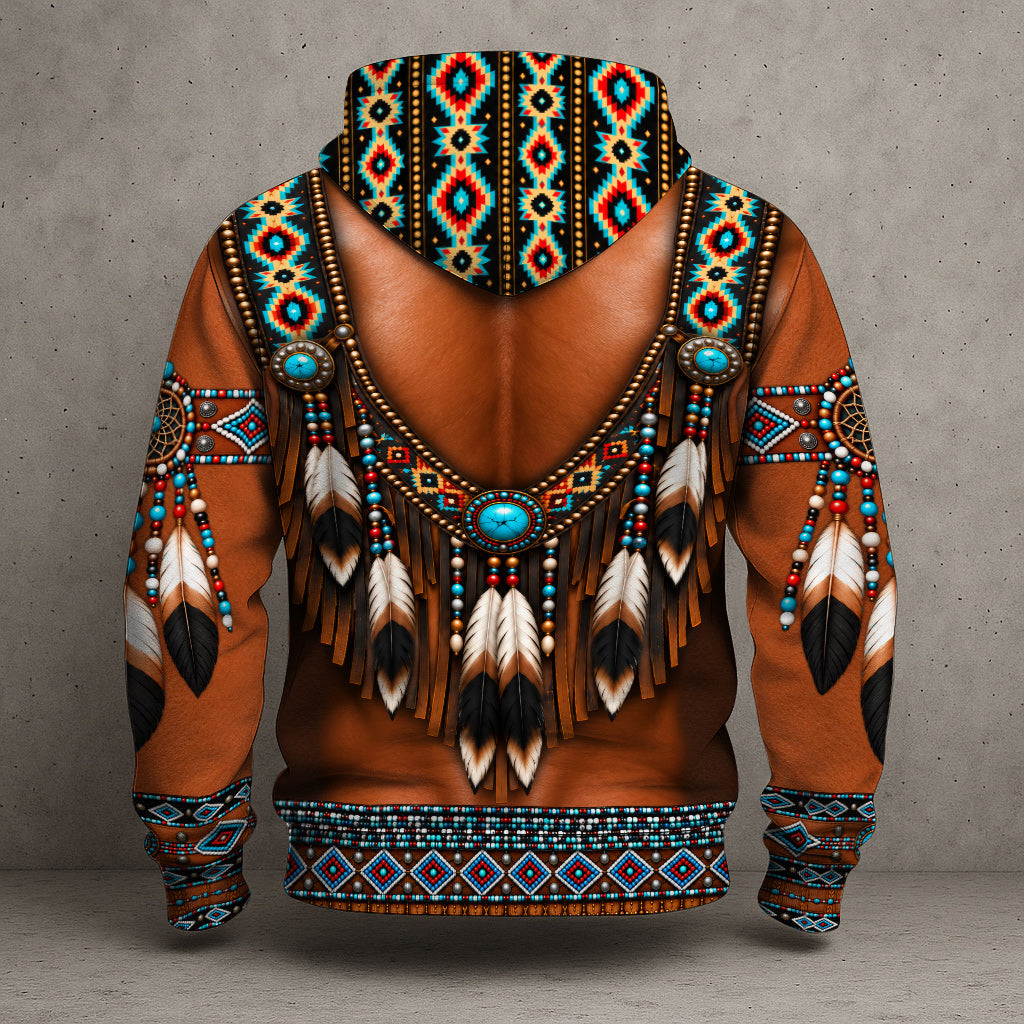 3D Hoodie Native American Muscle Warrior Turquoise Feather Dreamcatcher Tribal Leather Western Spirit