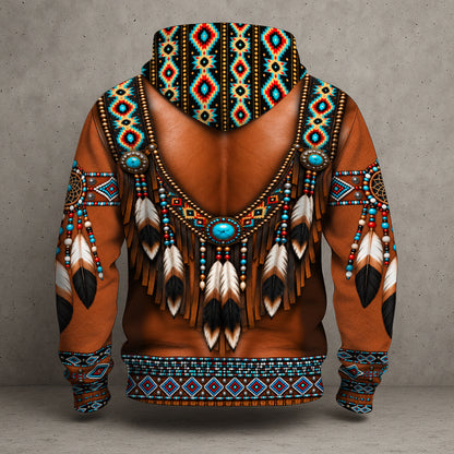 3D Hoodie Native American Muscle Warrior Turquoise Feather Dreamcatcher Tribal Leather Western Spirit