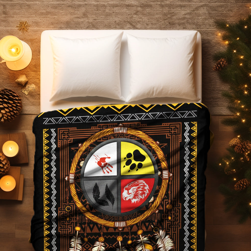 Four Directions Medicine Wheel Blanket - Native American Dreamcatcher Design