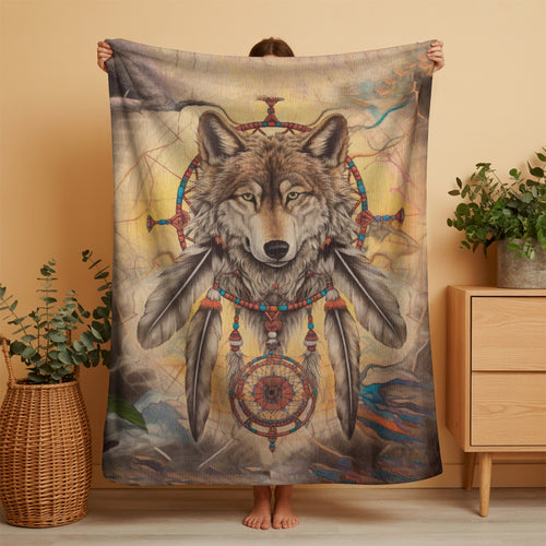 Wolf Dreamcatcher Spirit Blanket - Native-Inspired Tribal Design