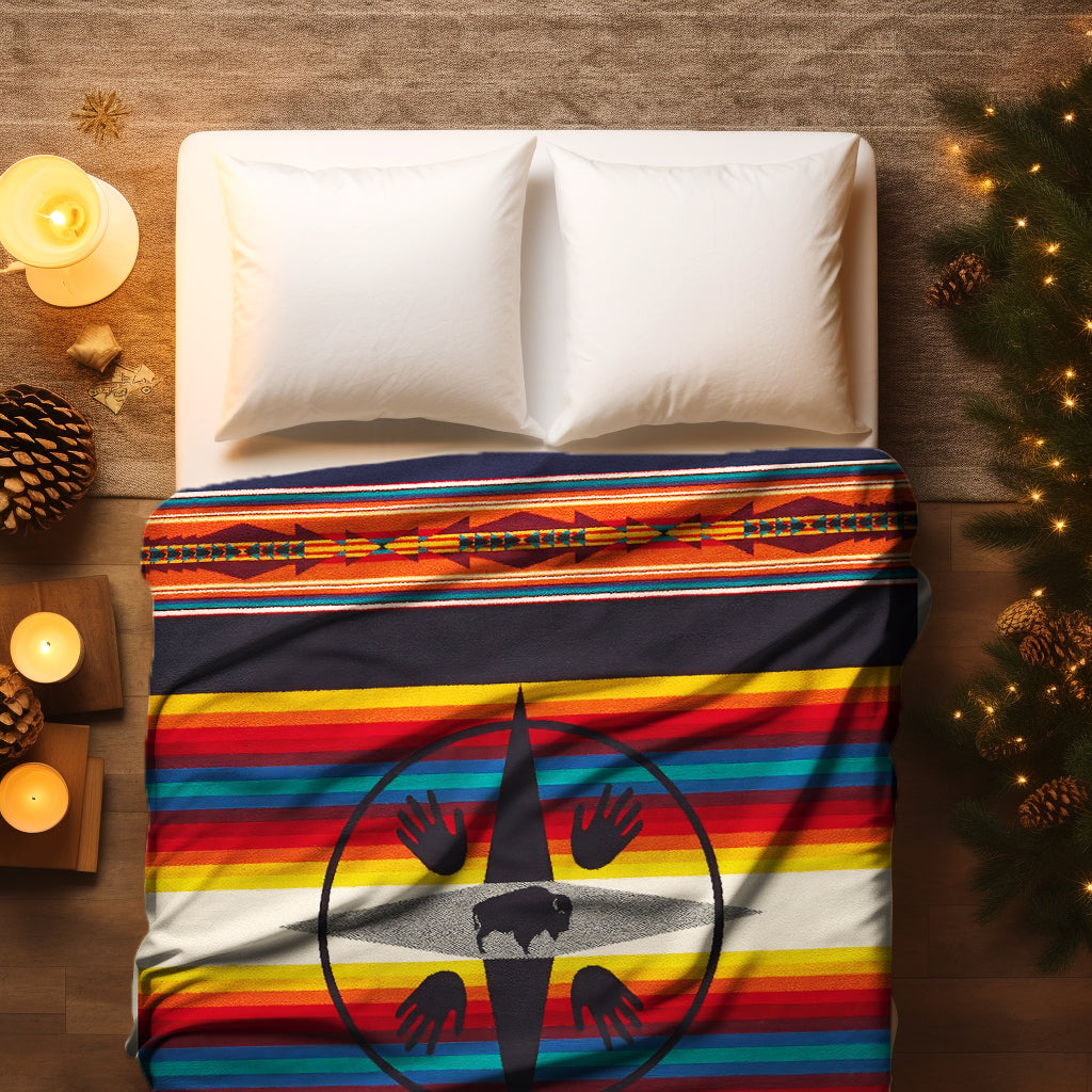 Buffalo Spirit Compass Blanket - Native American Inspired Stripes & Symbols
