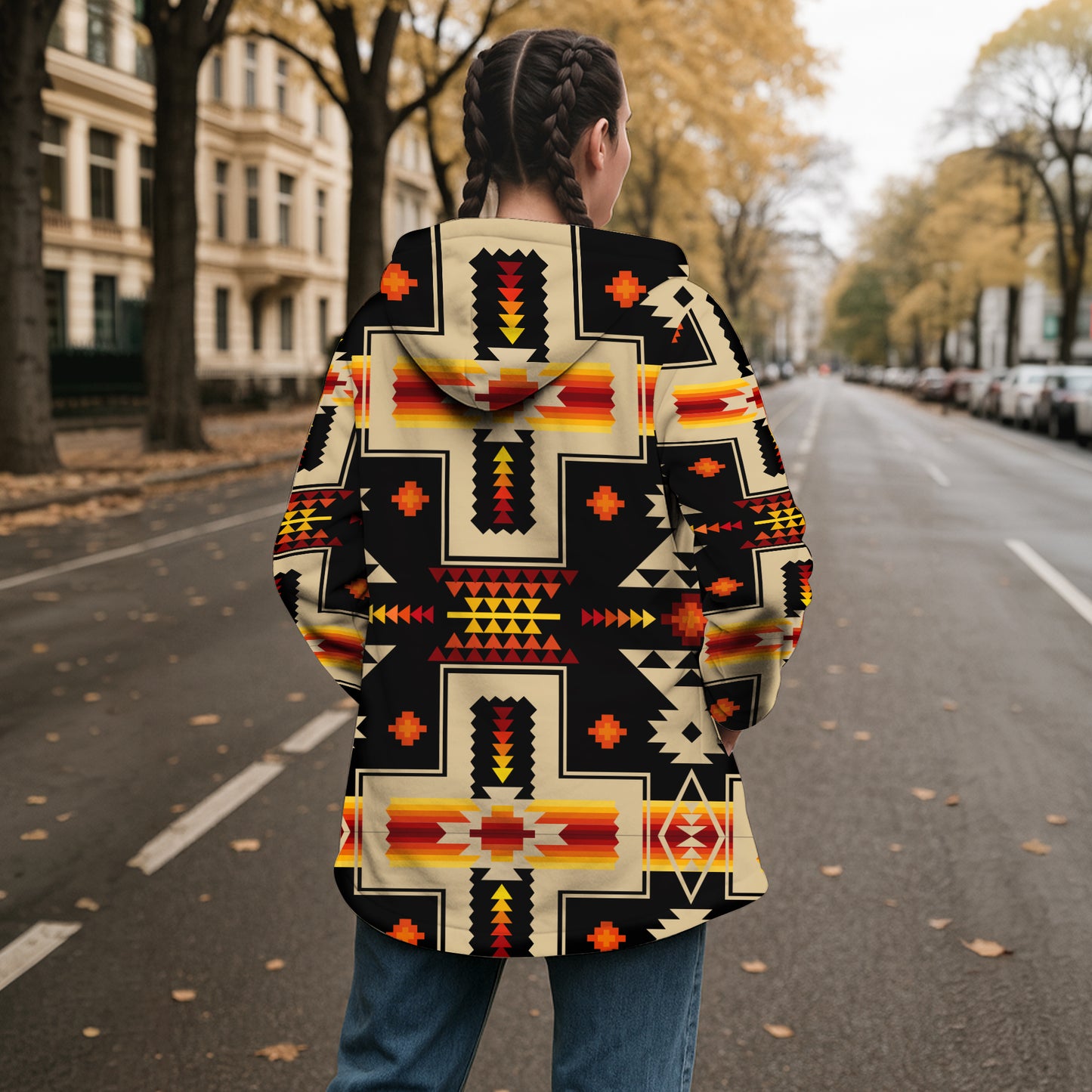 Native American Pattern Horn Button Long Fleece Windbreaker Best Selling