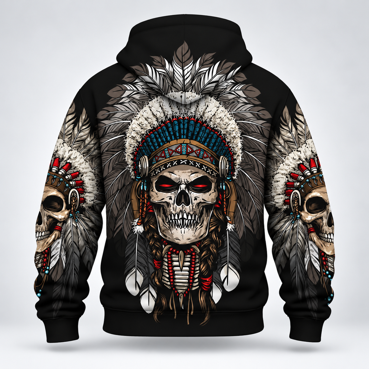 3D Fleece Jacket Warrior Skull Hoodie – Tribal Chief Headdress Edition