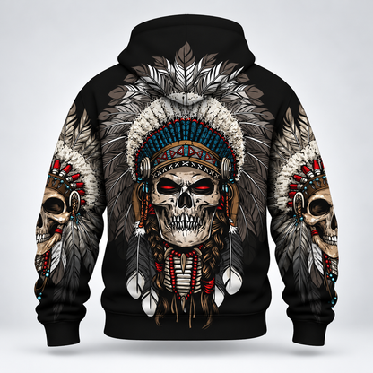 3D Fleece Jacket Warrior Skull Hoodie – Tribal Chief Headdress Edition