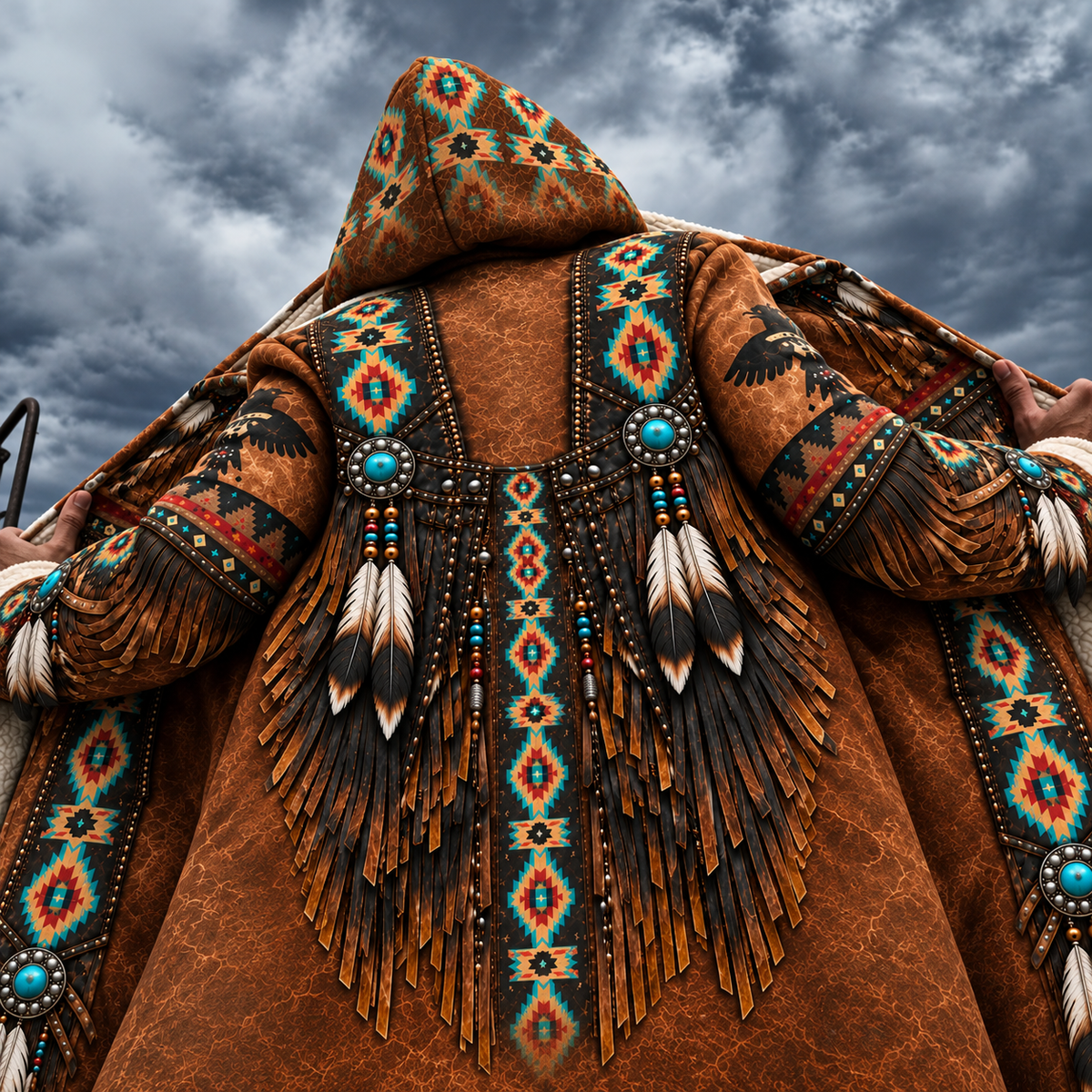 Dream Cloak - Native American Faux Leather Vest Southwestern Tribal Eagle Feather Graphic