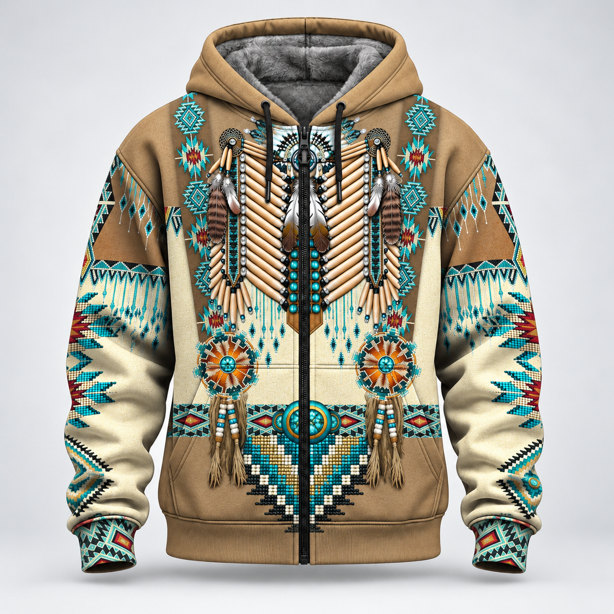 3D Fleece Jacket Tribal Beaded Headdress Hoodie – Turquoise & Feather Pattern