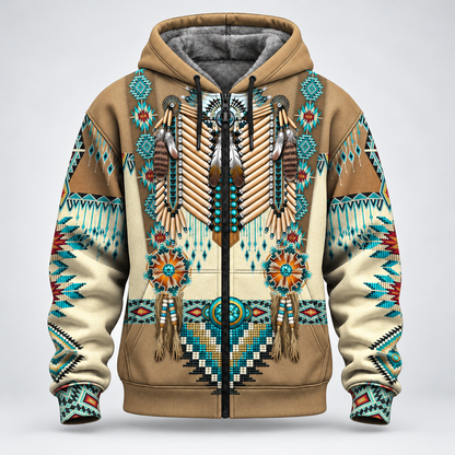3D Fleece Jacket Tribal Beaded Headdress Hoodie – Turquoise & Feather Pattern