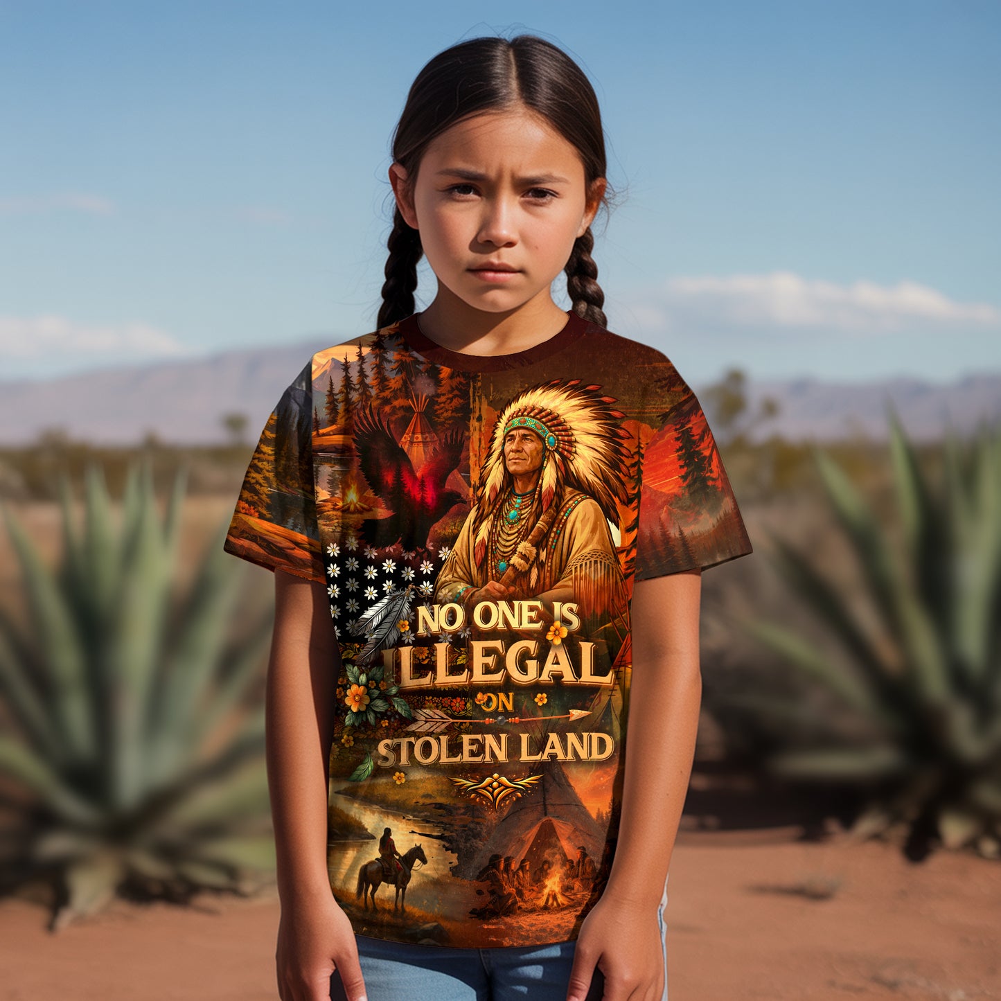 3D T-Shirt " No One Is Illegal on Stolen Land – Native American 3D Graphic T-Shirt