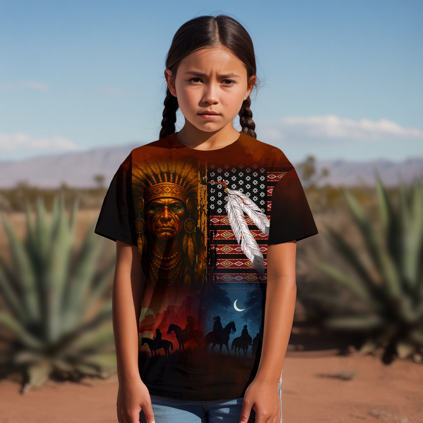 3D T-Shirt  "Native Heritage – The Chief Spirit in Red & Blue, Symbol of Freedom and Pride"
