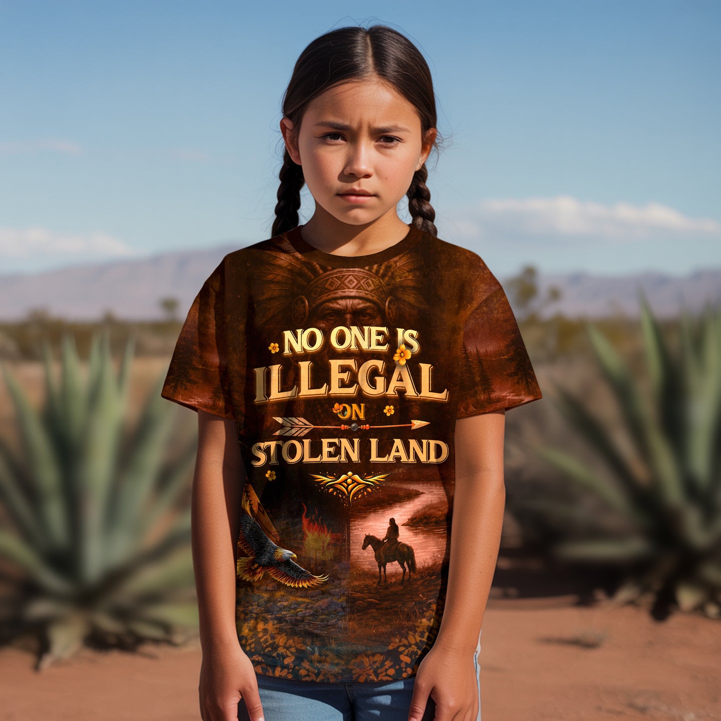 3D T-Shirt  "NO ONE IS ILLEGAL ON STOLEN LAND. WE WALK ON NATIVE LAND"