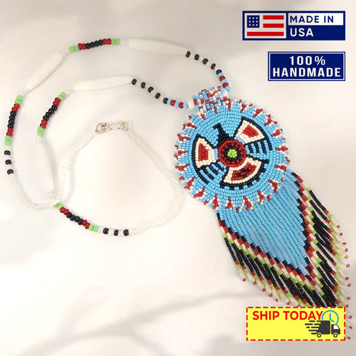 Turquoise Seed Beads Long Medallion Thunderbird Beaded Necklace Earrings Set