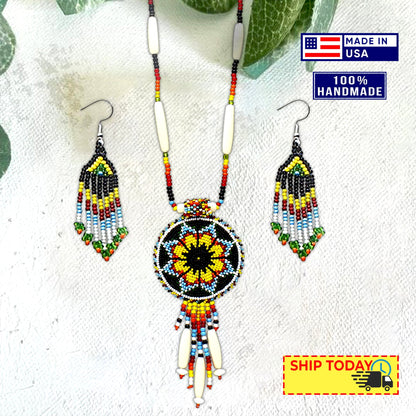 Black Yellow Seed Bead Long Star Medallion Handmade Necklace Earrings Set