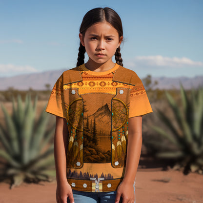 3D T-Shirt " Tribal Dreamcatcher – Golden Horizon with Sacred Mountain Motif"