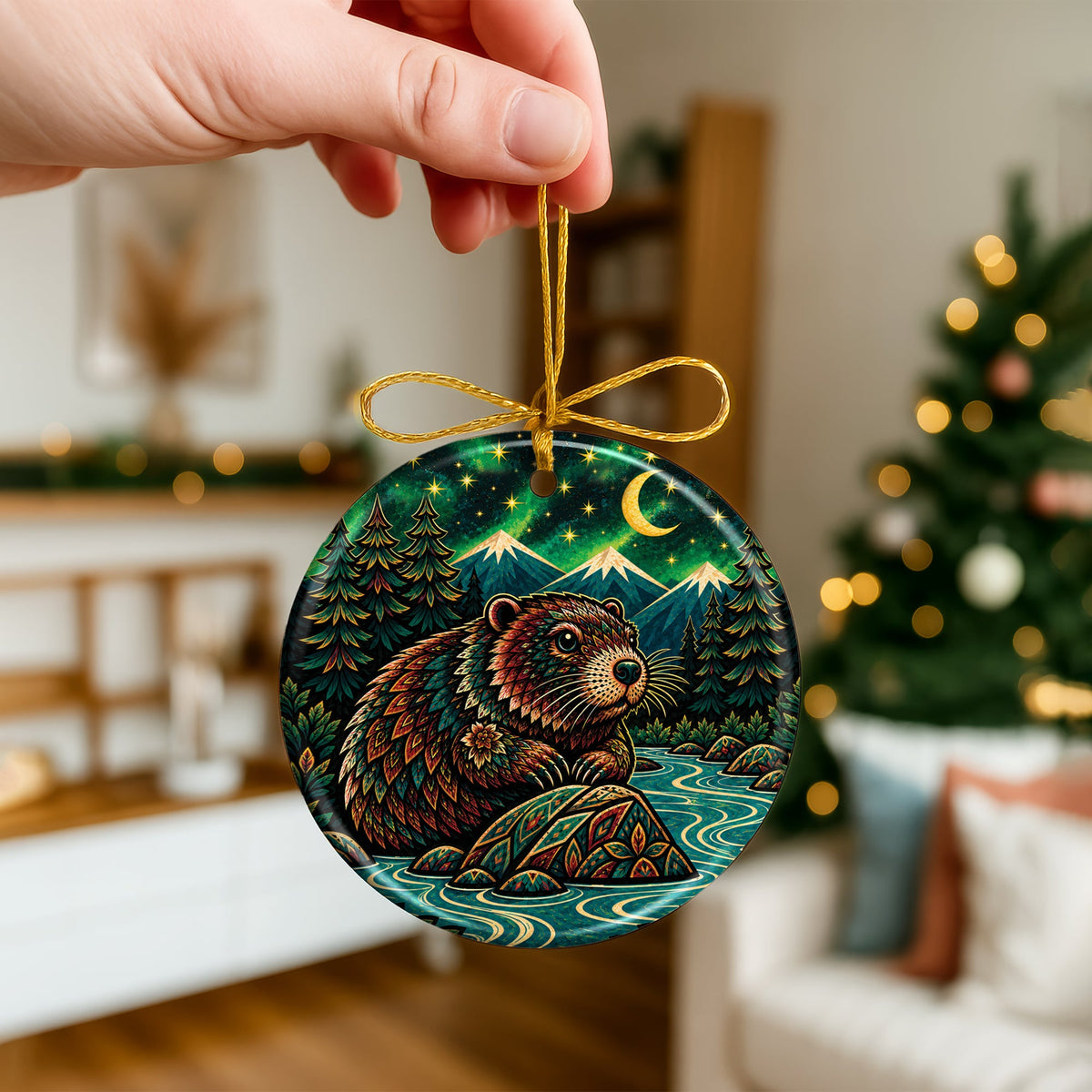 Native Inspired Beaver Ceramic Ornament, Indigenous Style Wildlife Holiday Decor