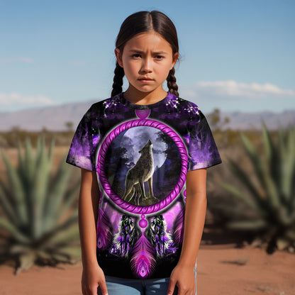 3D T-Shirt " Wolf Dreamcatcher – Purple Tribal Moon Howl Design"