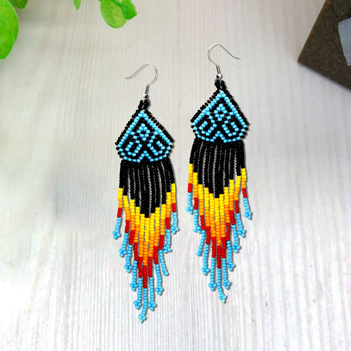 Black Multicolored Long Pattern Beaded Handmade Earrings For Women