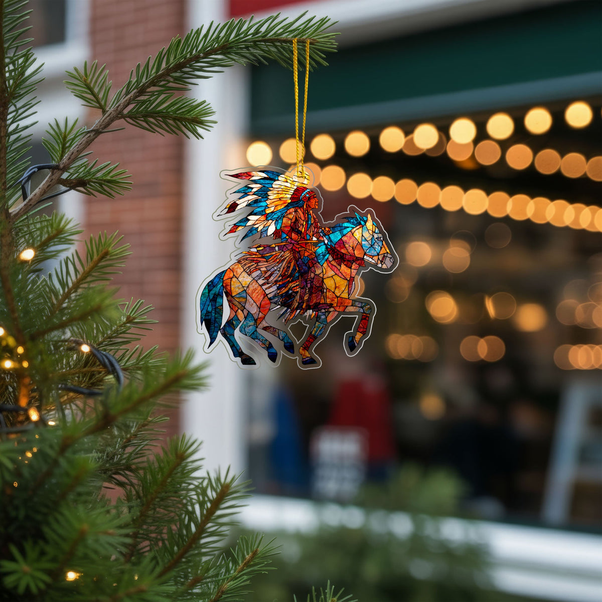 Native American Horse Rider Indigenous Warrior Christmas Tree Decor Flat Acrylic