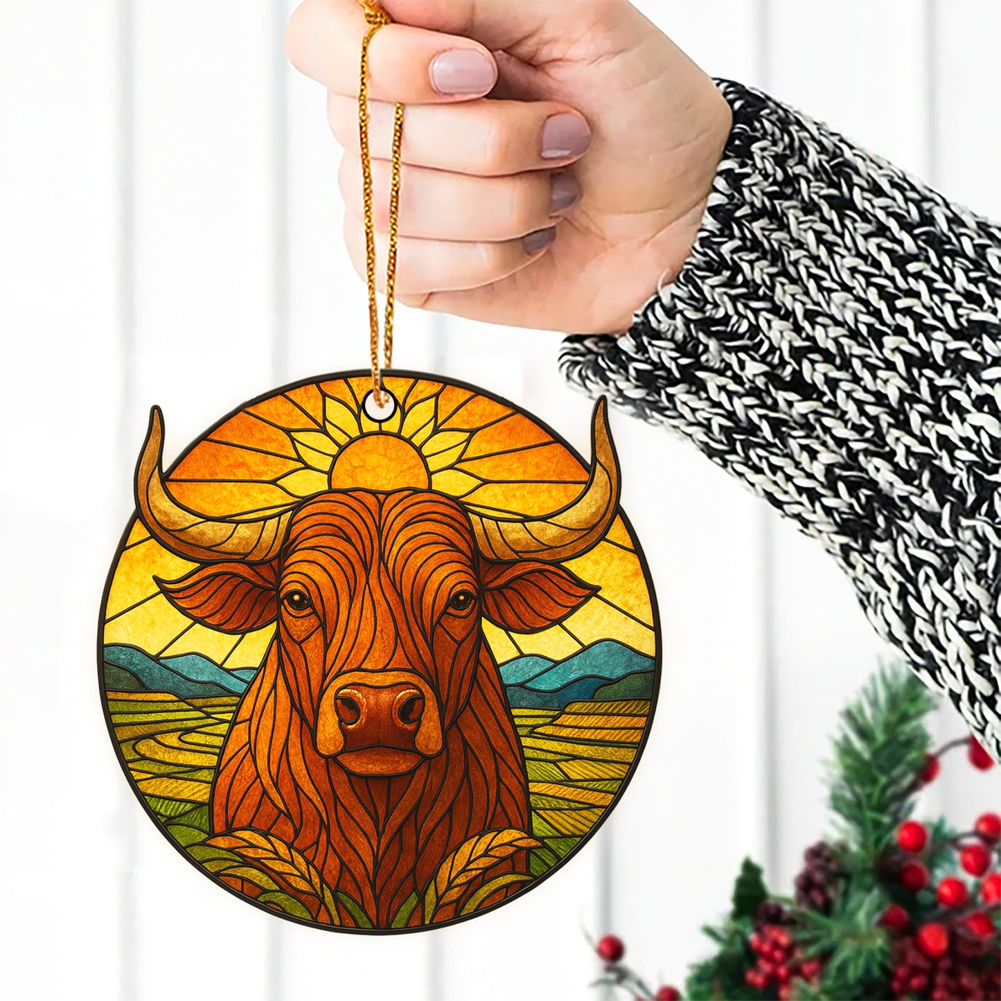 Sacred Buffalo Ornament Acrylic – Stained Glass Style Christmas Decor