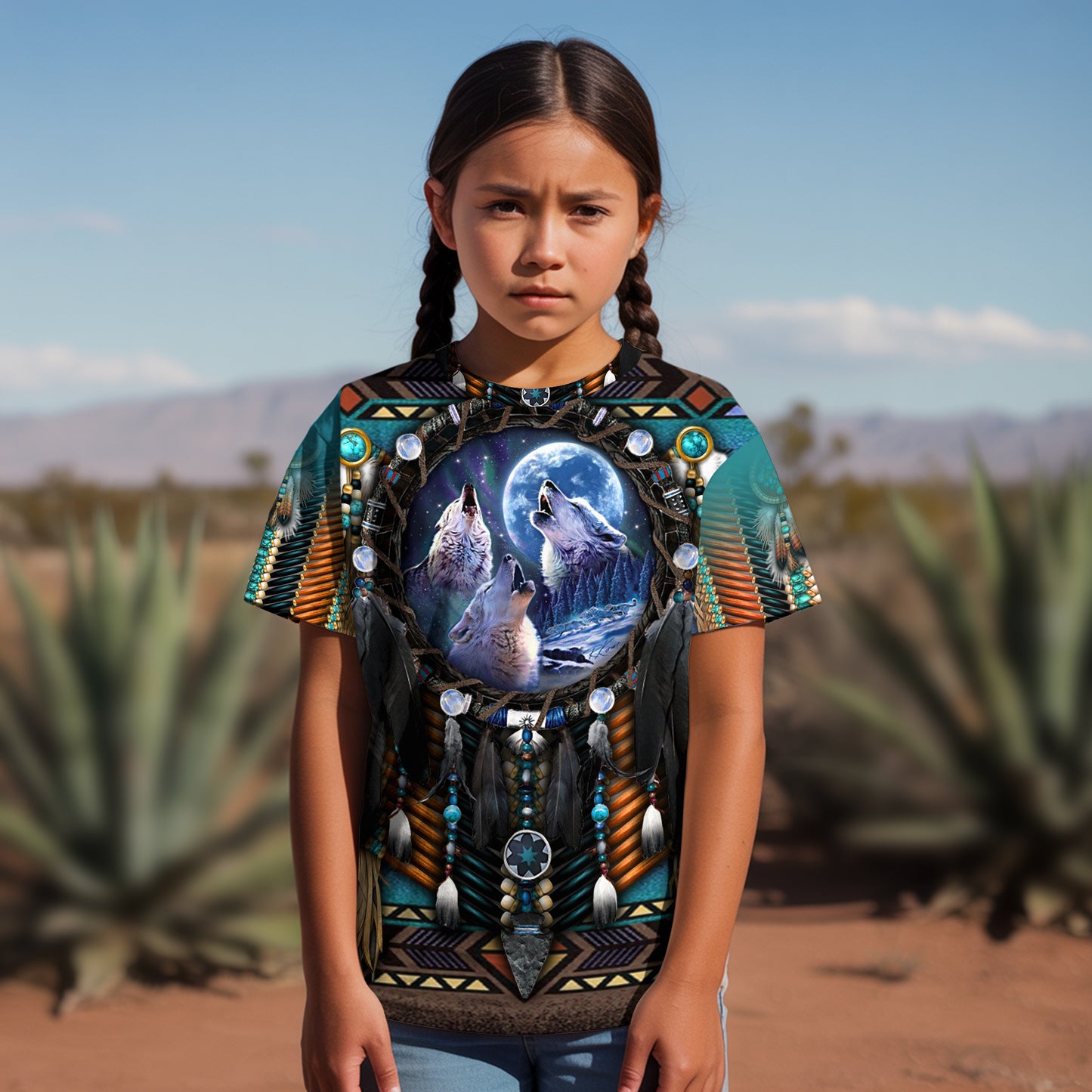 3D T-Shirt  "Native American Wolf Moon – Tribal Dreamcatcher Spirit"