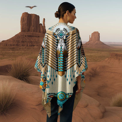 Poncho Native Shield – Ivory & Teal with Beaded Warrior Design