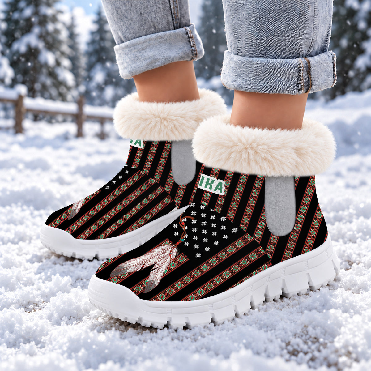 Personalized Snow Boots - Ethnic Stripes & Feather Pattern Great Gift Idea