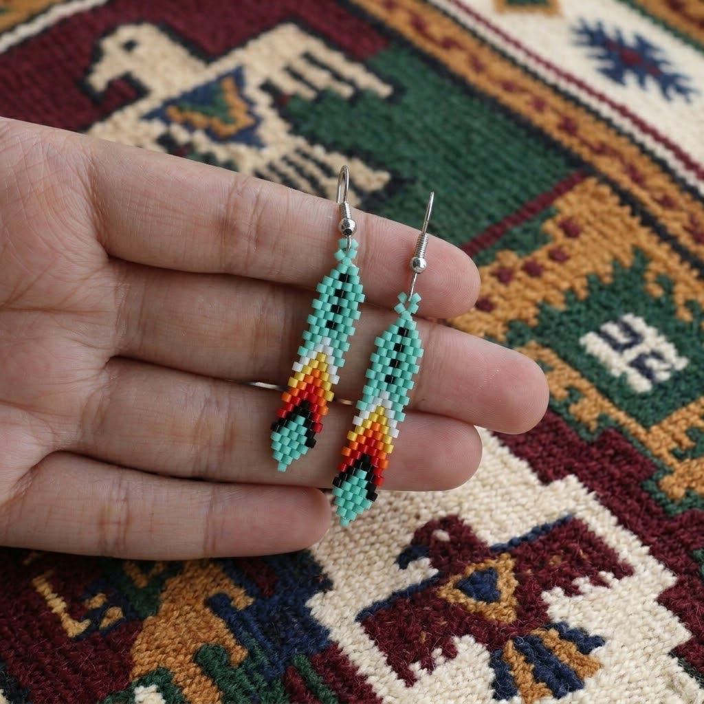 Handmade Beaded Feather, Colorful Seed Bead Dangle Earrings