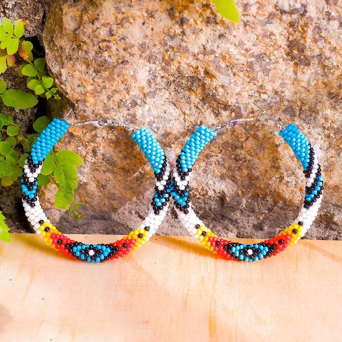 Handmade Dark Blue Pattern Beaded Earrings for Women