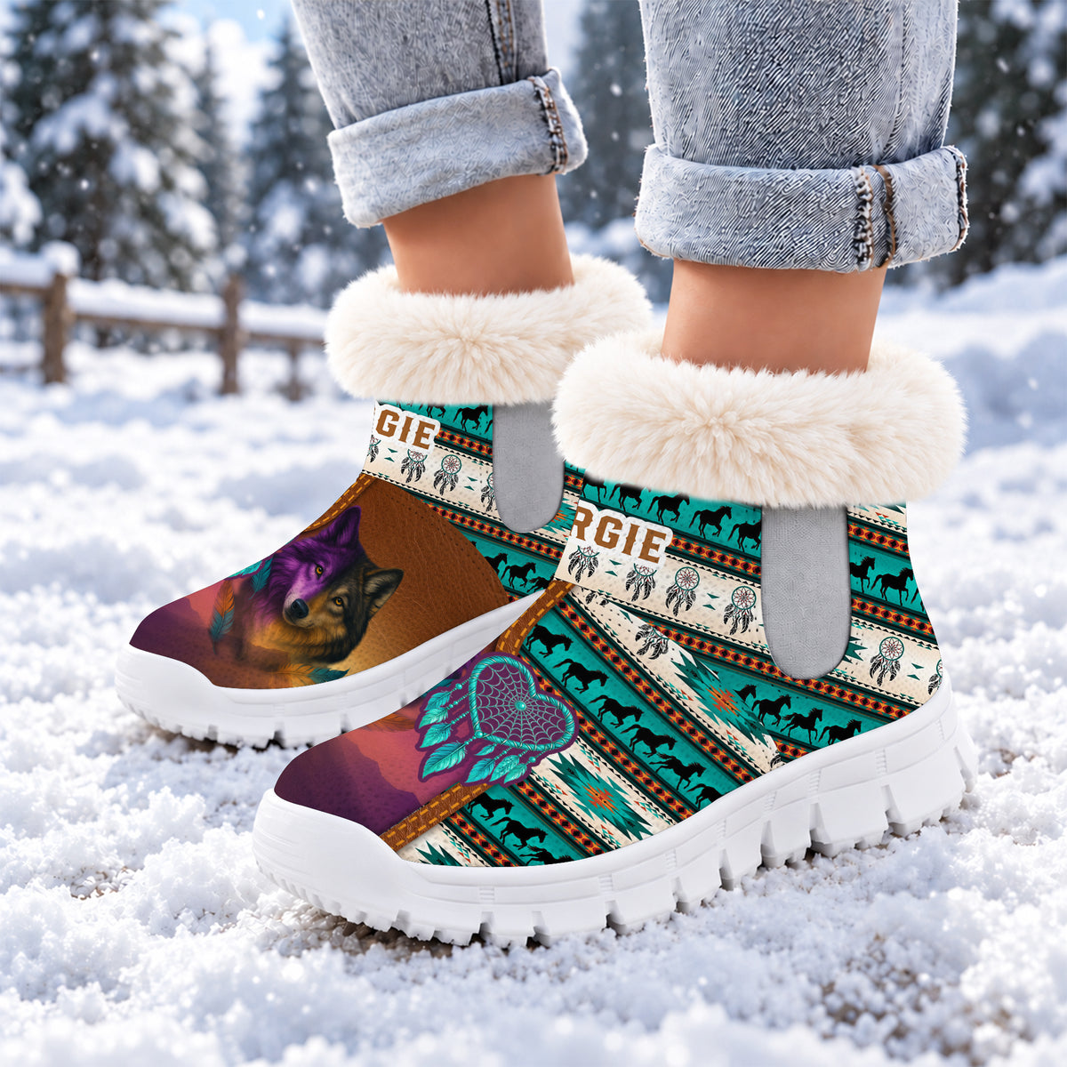 Personalized Snow Boots - Wolf & Dreamcatcher A Heartfelt Family Gift with Soul and Spirit
