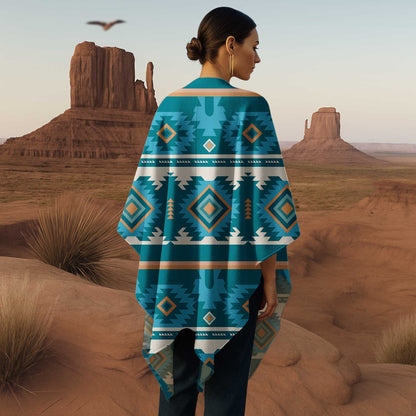 Southwest Spirit Poncho – Bold Teal Geometric Pattern with Tribal Soul